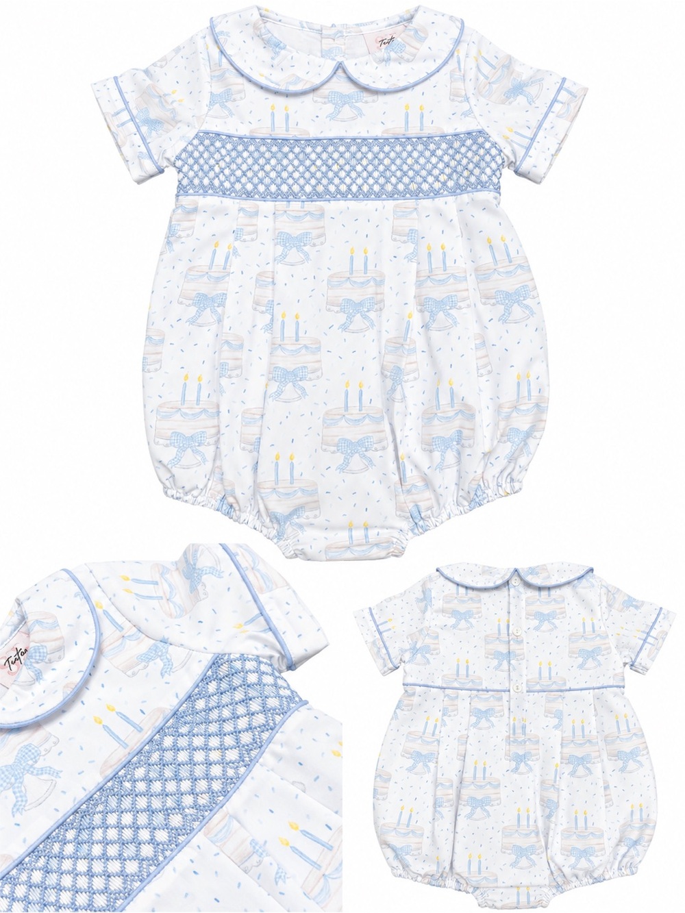 Blue smocked birthday bubble